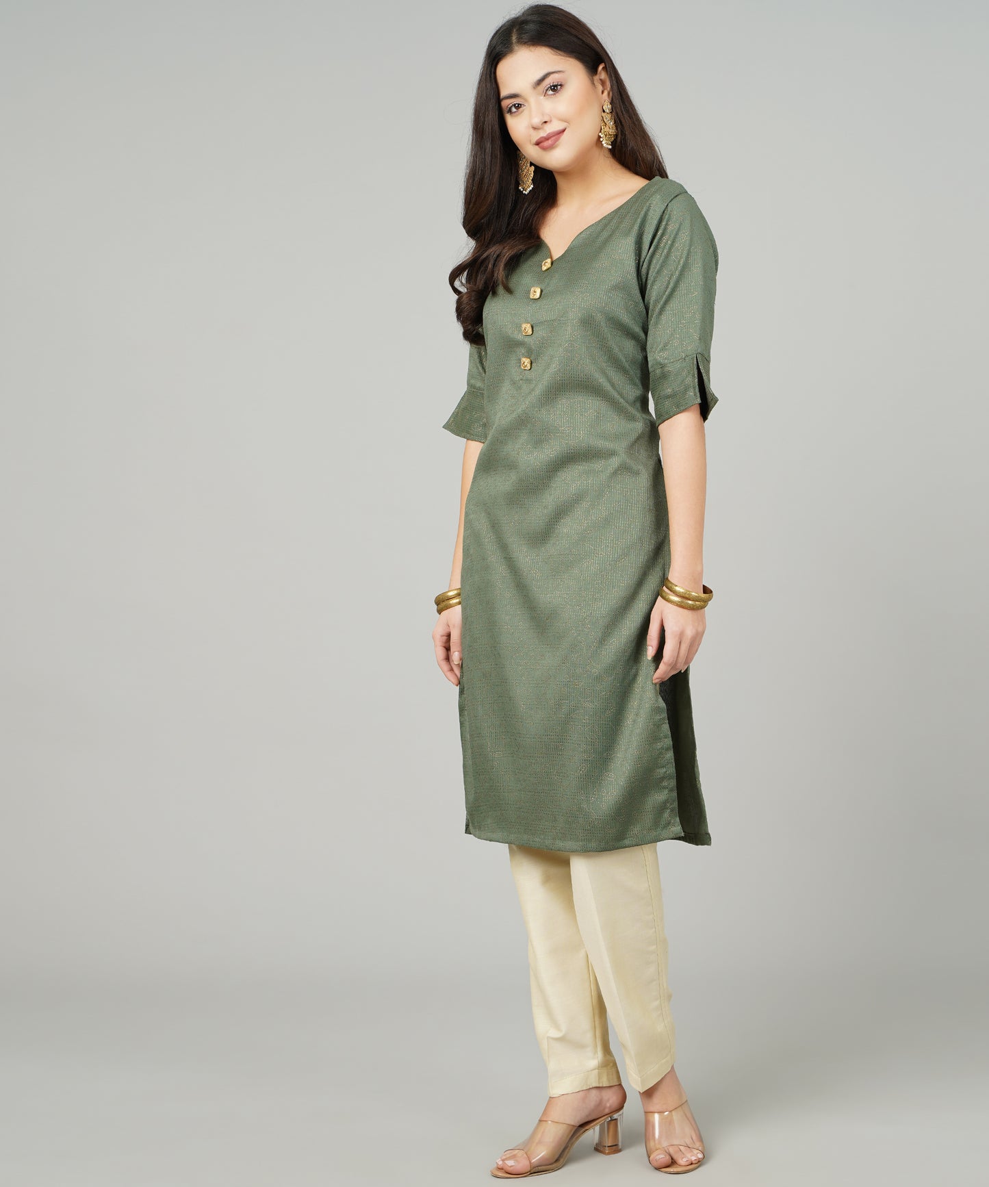 ANUSHIL Cotton Gold Print Sweatheart Neck Elbow Sleeves Straight Kurti for Women's, and Girl's (Green)