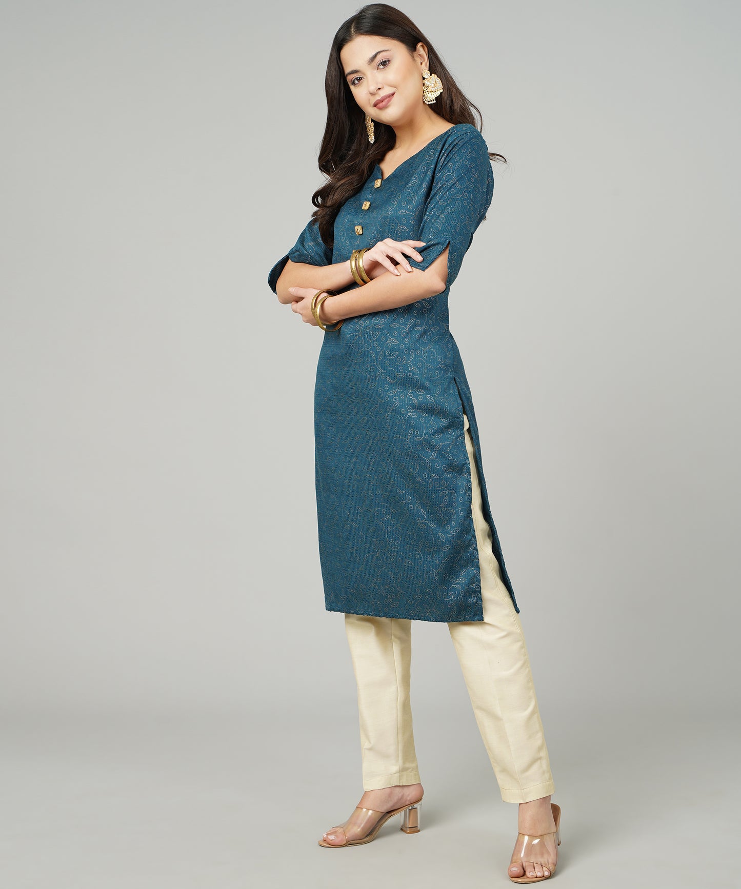 ANUSHIL Cotton Gold Print Sweatheart Neck Elbow Sleeves Straight Kurti for Women's, and Girl's (Blue)