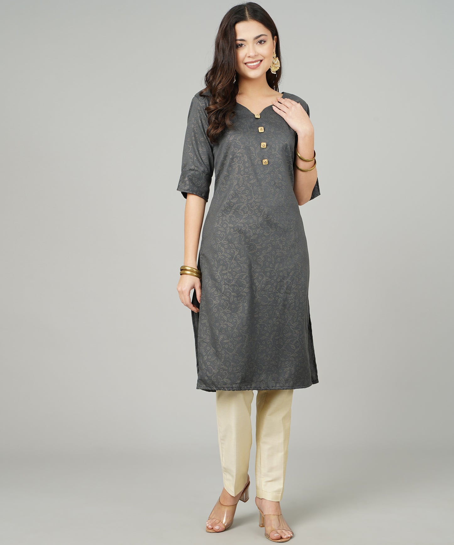 ANUSHIL Cotton Gold Print Sweatheart Neck Elbow Sleeves Straight Kurti for Women's, and Girl's (Grey)