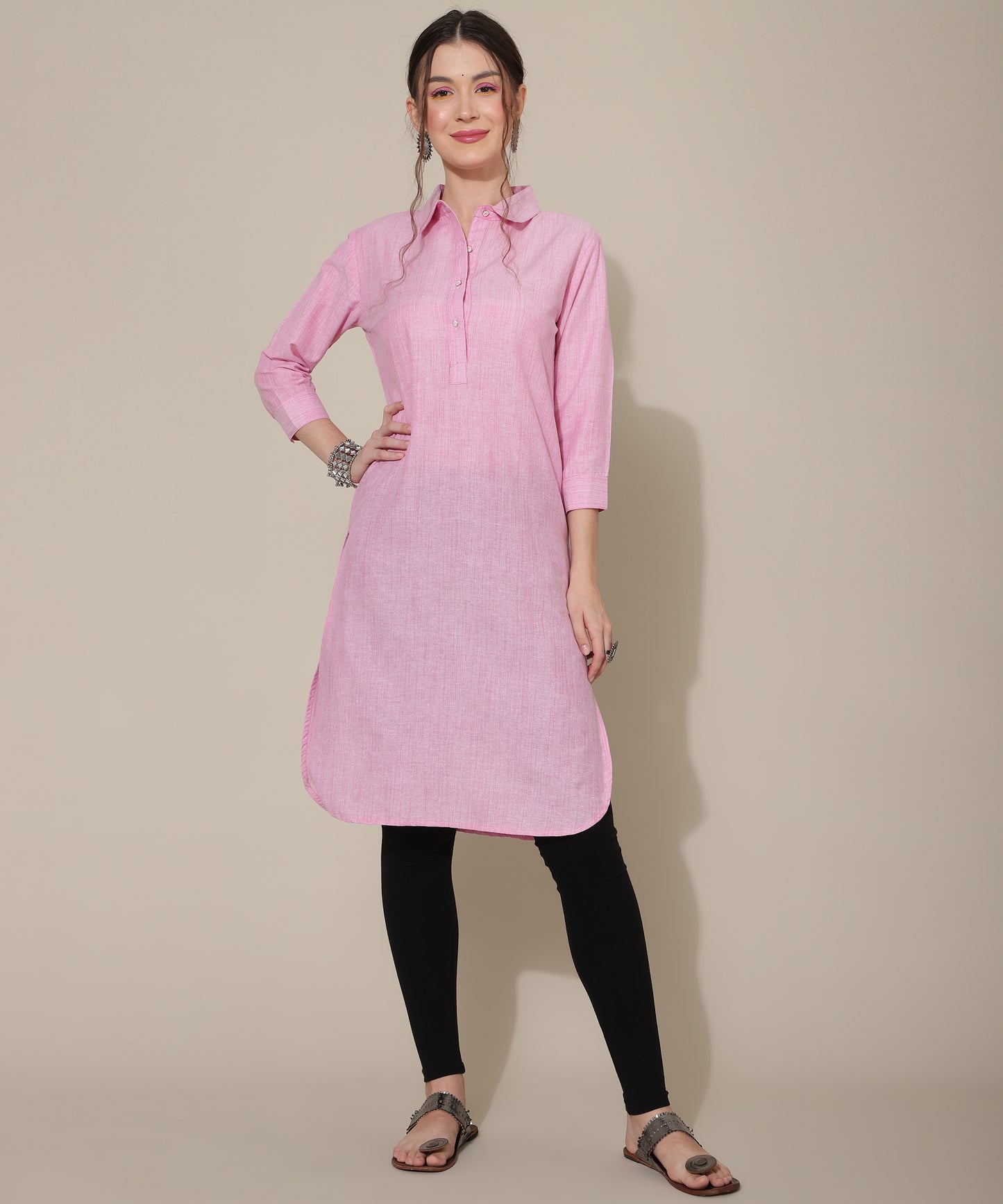 Cotton Kurta For Women Collar Design Pattern with Button Style, Pink