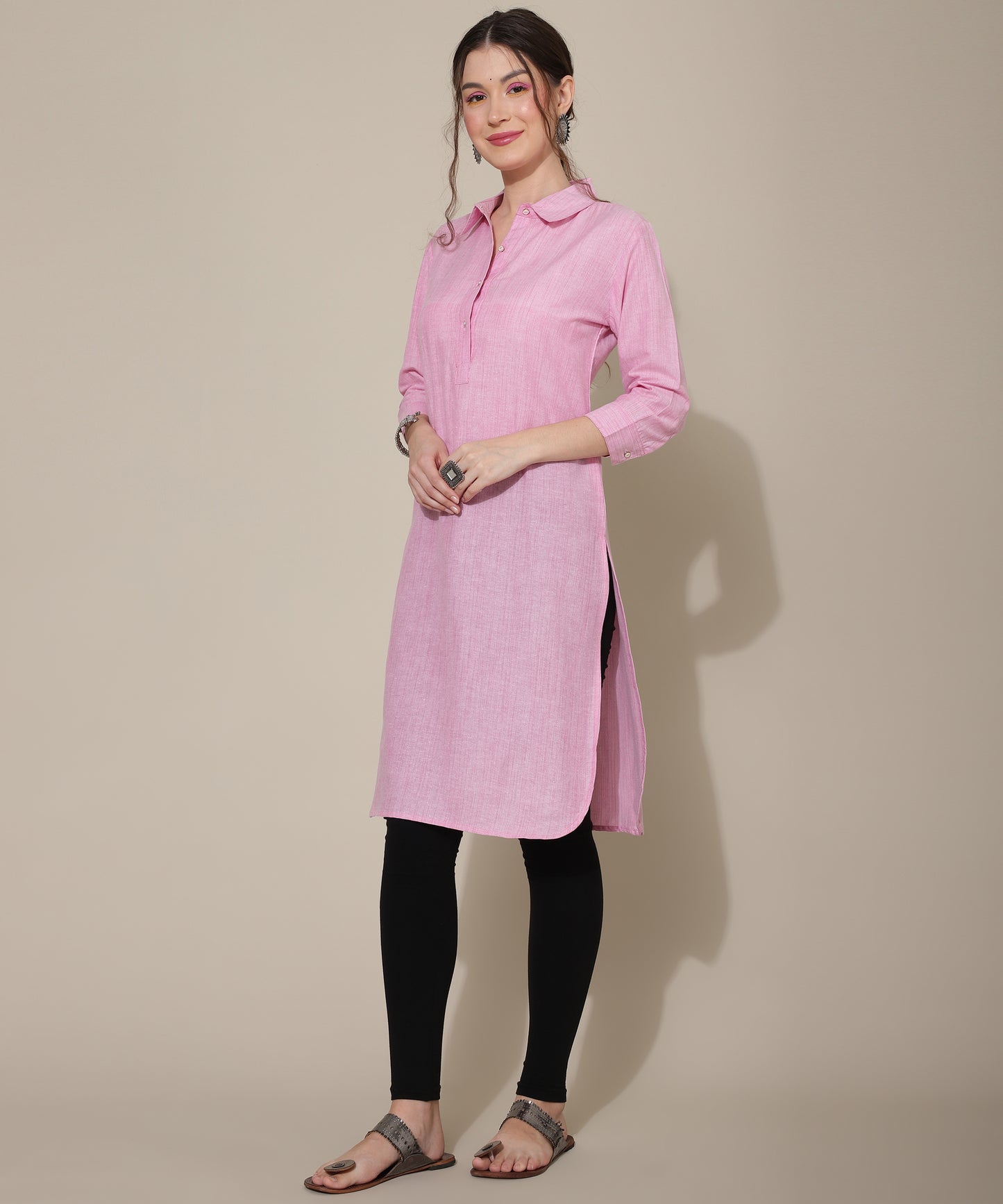 Cotton Kurta For Women Collar Design Pattern with Button Style, Pink