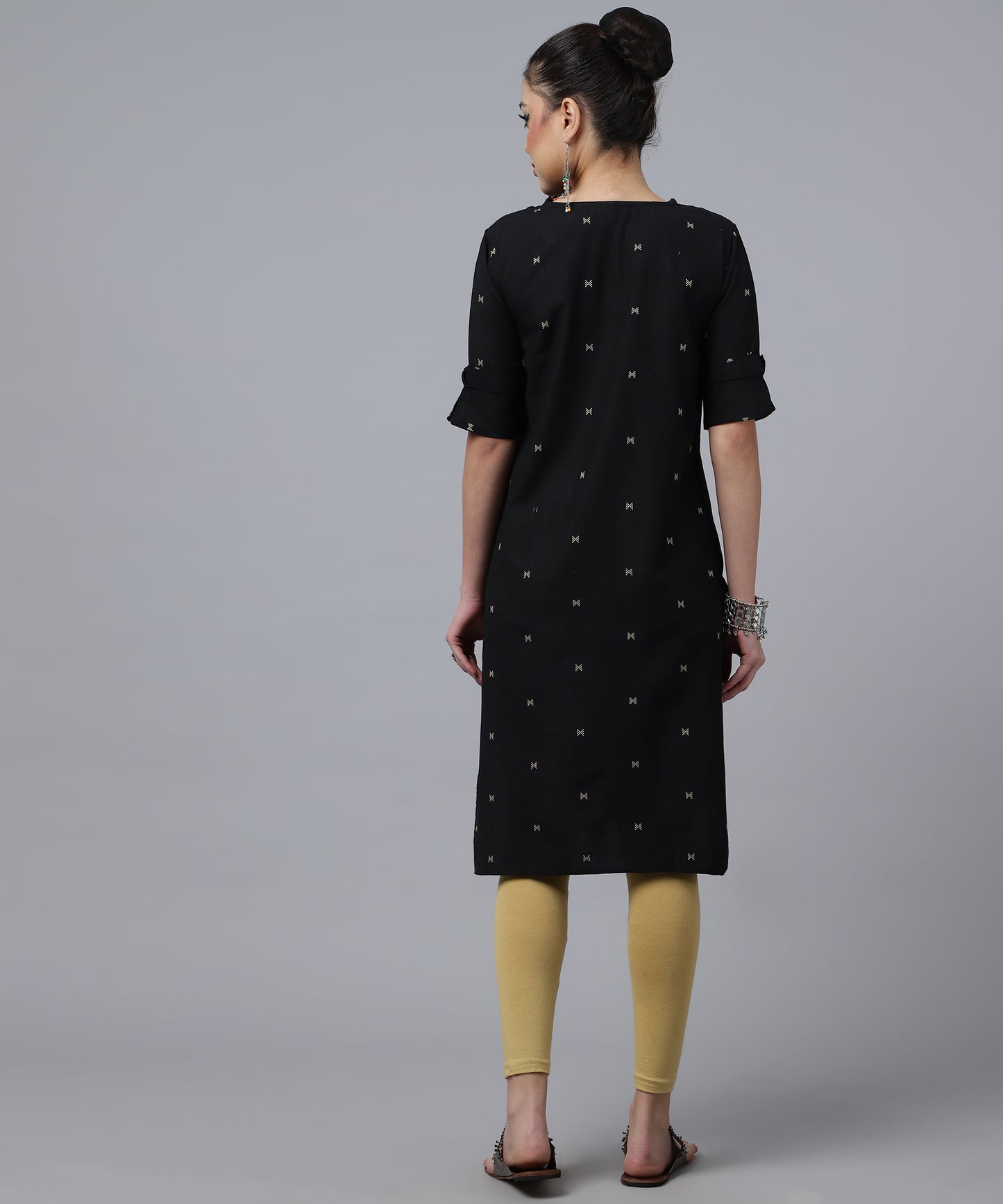 ANUSHIL Women Cotton Printed Center Slit Design V-Neck Elbow Sleeve Calf Length Kurti with Attached Koti (Black)