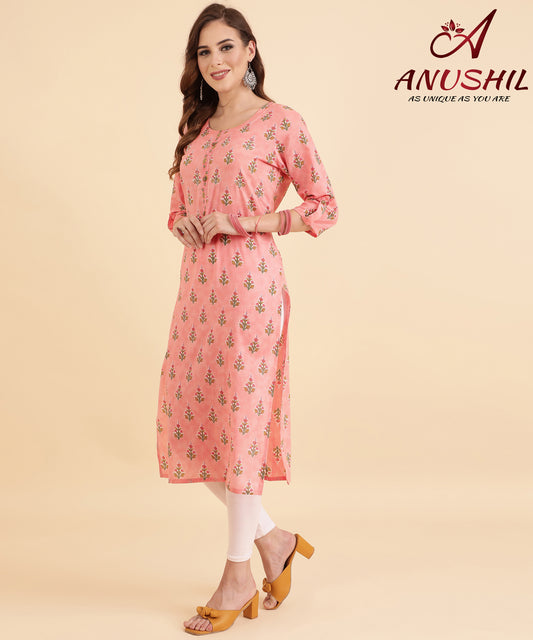Cotton Printed Rayon Kurti With Embroidery Work, Pink A-504