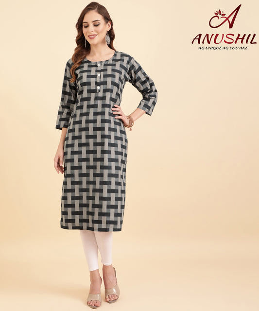 Cotton Kurta With Geometrical Printing, Grey A-507