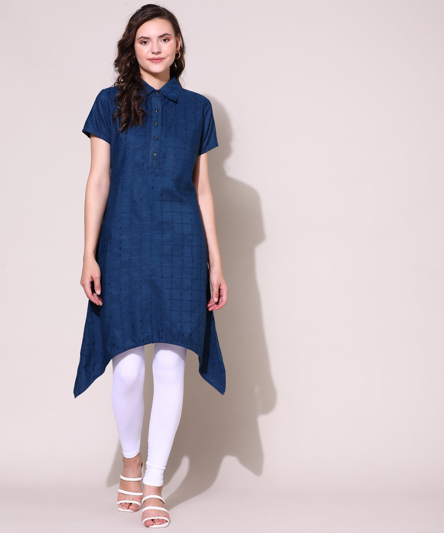 Check Style Stylish Lurex Weave Designer Kurti , Blue