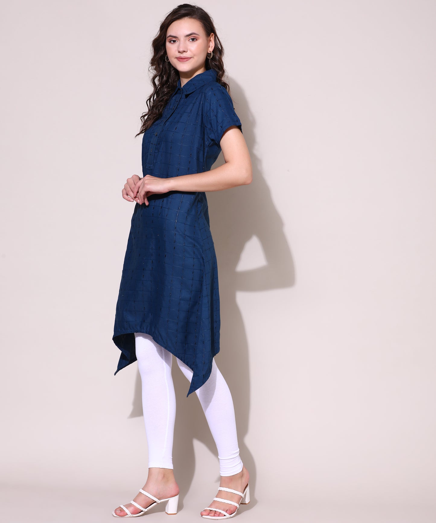 Check Style Stylish Lurex Weave Designer Kurti , Blue