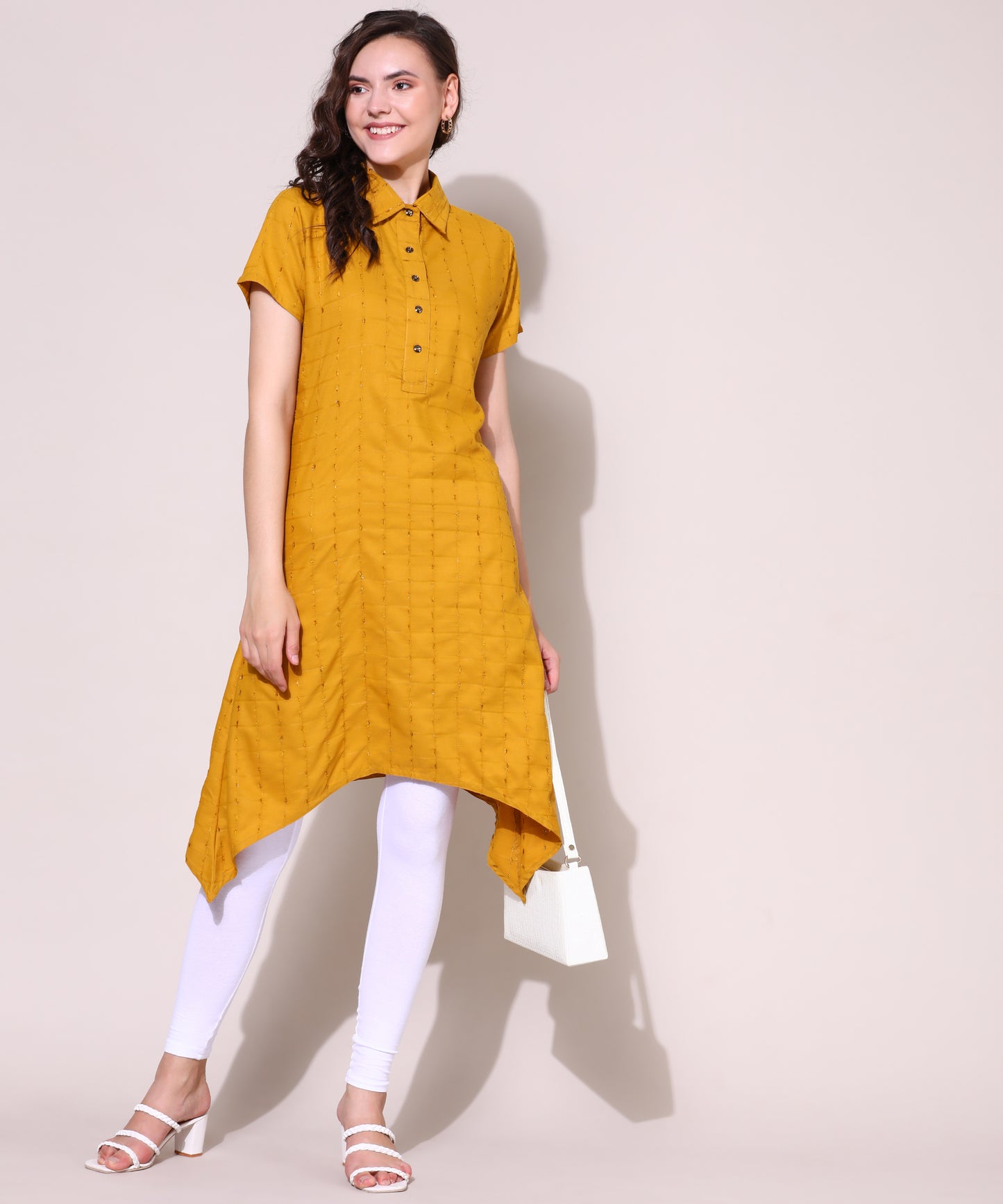 Check Style Stylish Lurex Weave Designer Kurti , Yellow