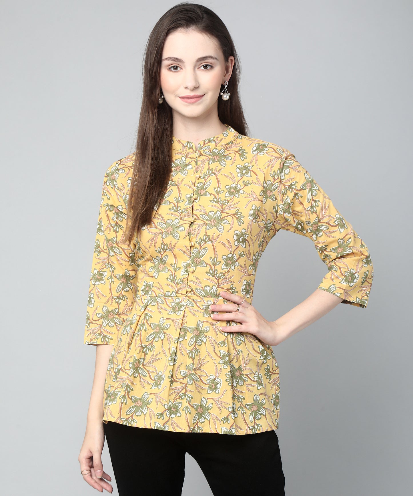 Printed Peplum  Cotton Floral Top,Yellow