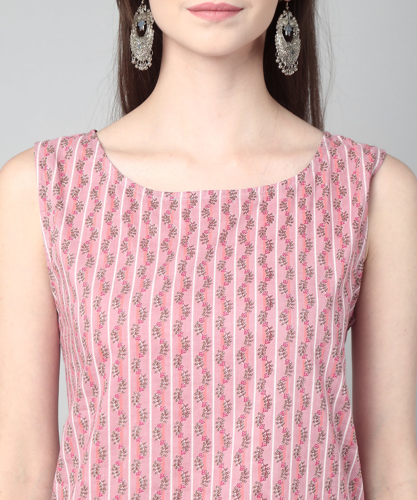 Sleeveless Striped Printed Cotton Kurta, Pink