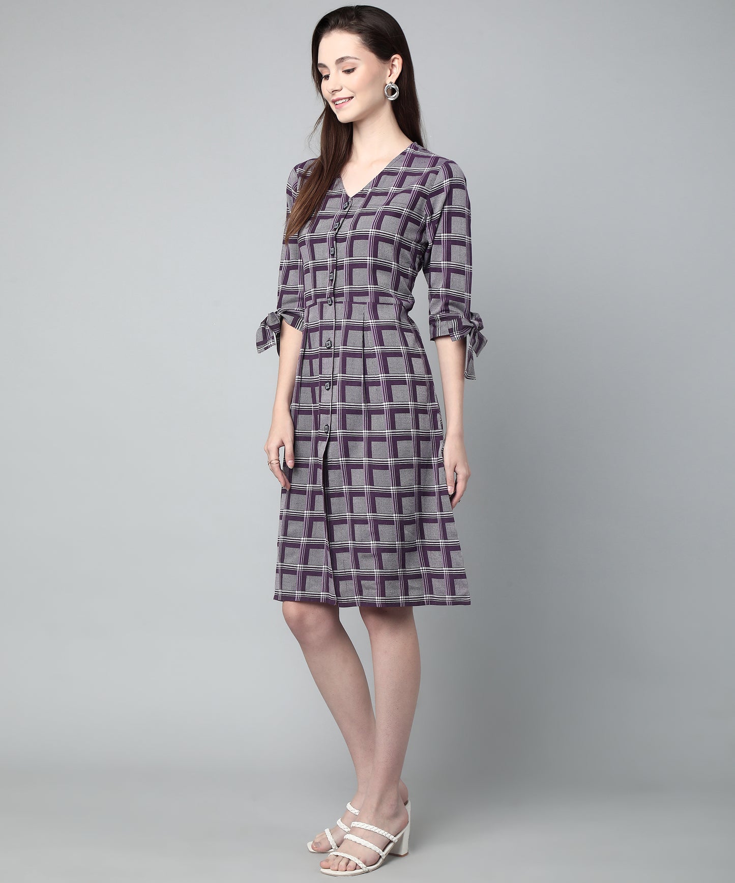 Pleated A-line Dress In Check Pattern ,Purple(A-516)