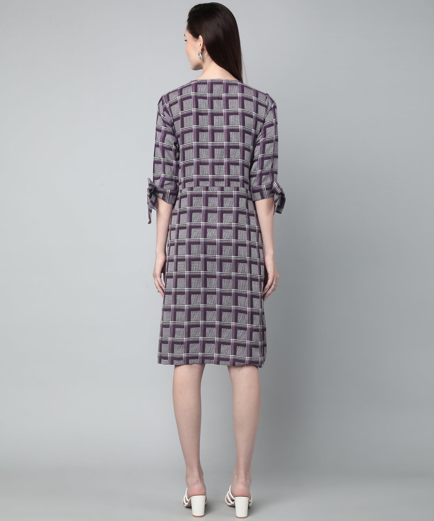 Pleated A-line Dress In Check Pattern ,Purple(A-516)