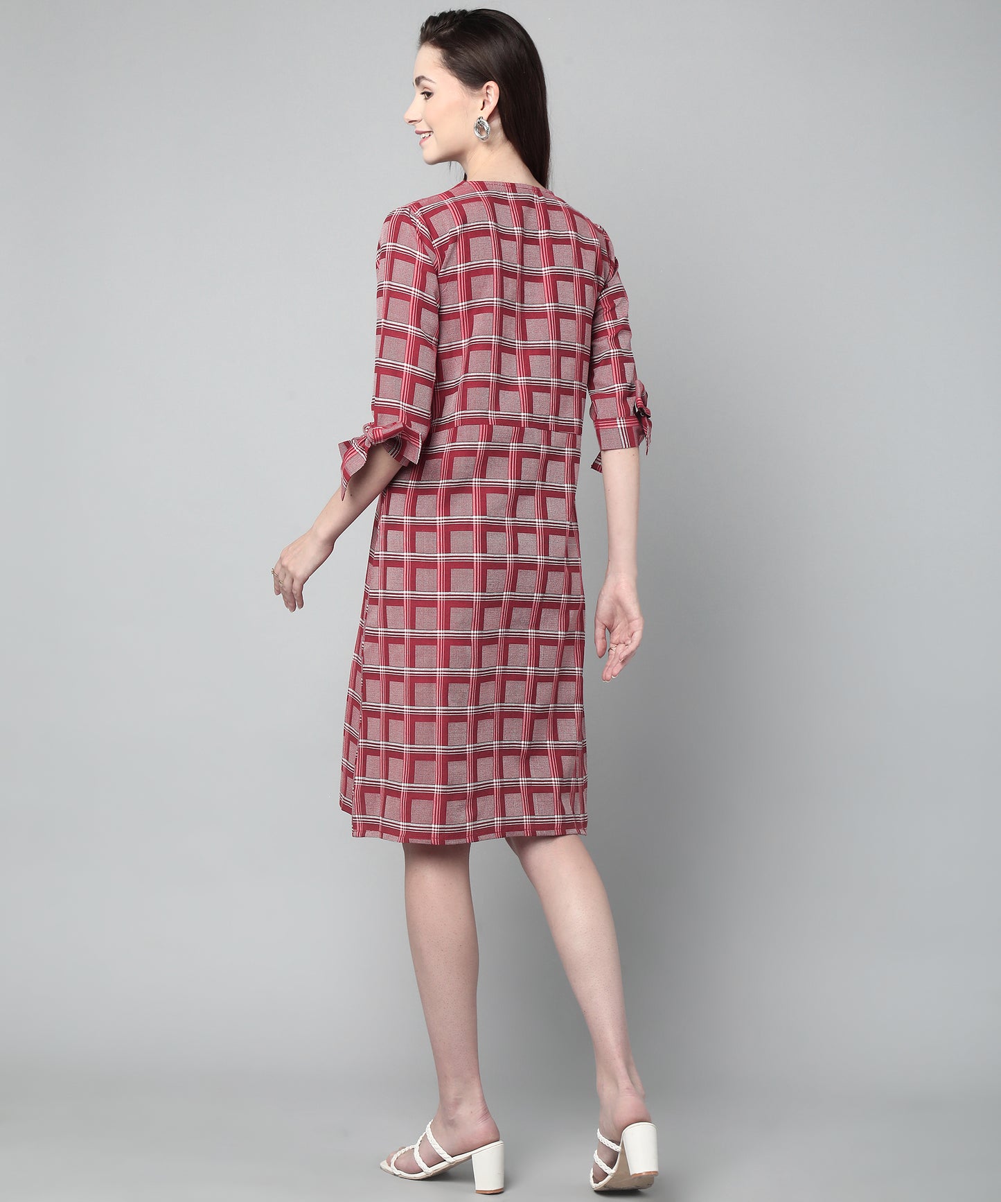 Pleated A-line Dress In Check Pattern ,Red(A-516)