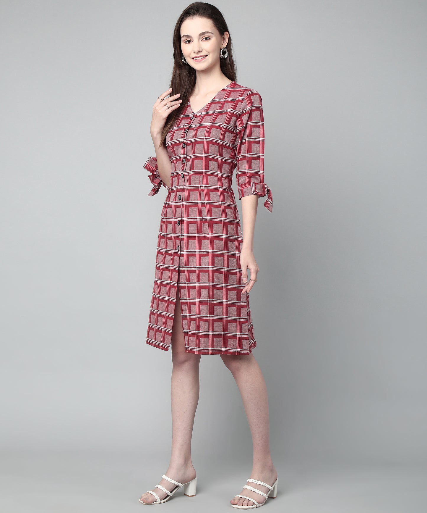 Pleated A-line Dress In Check Pattern ,Red(A-516)