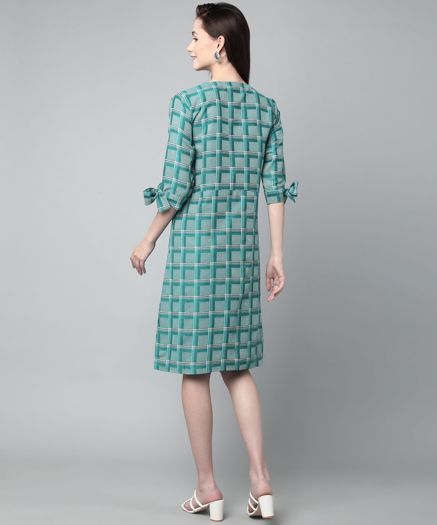 Pleated A-line Dress In Check Pattern, Green