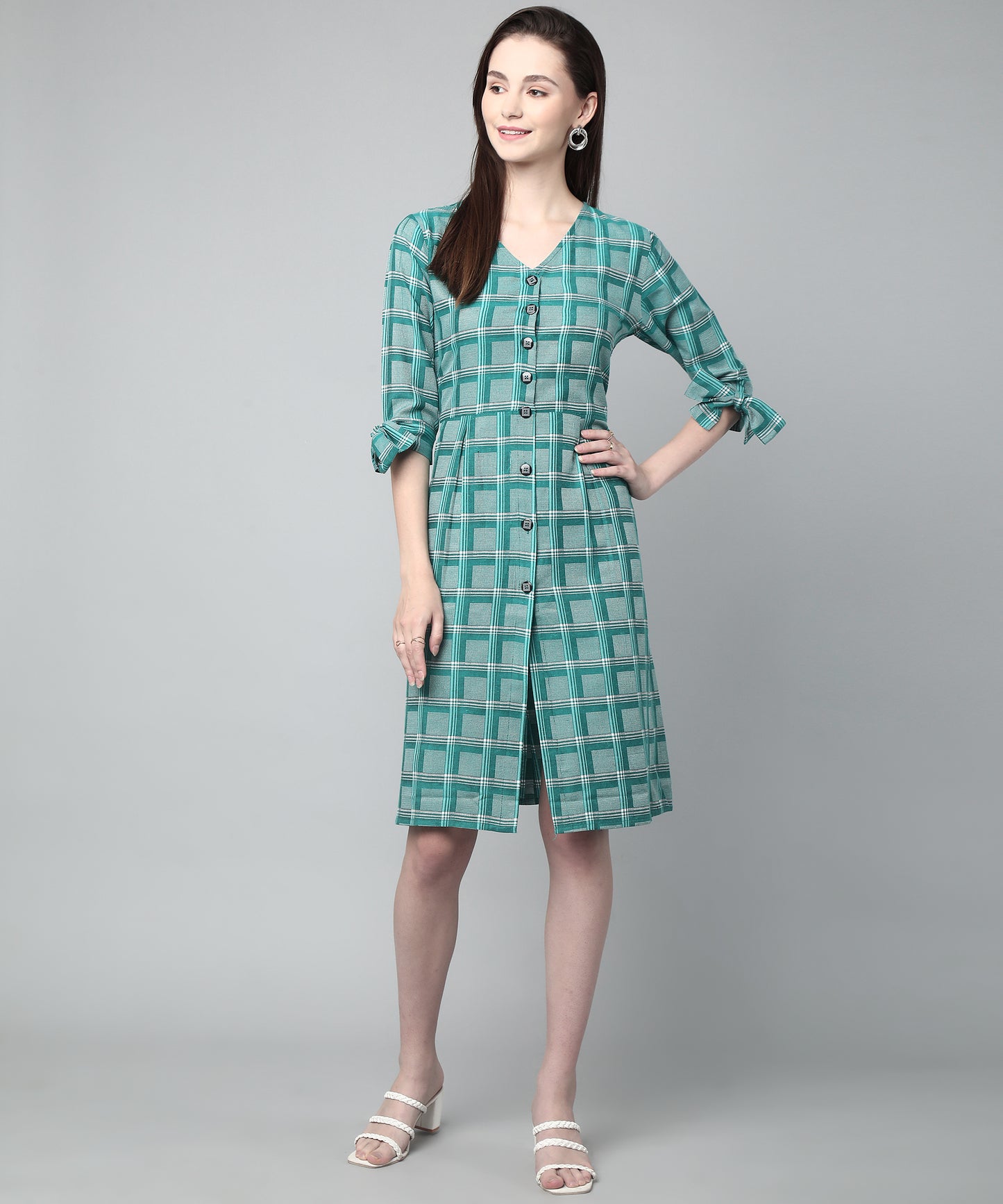 Pleated A-line Dress In Check Pattern, Green