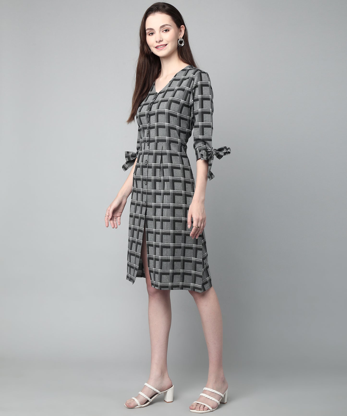 Pleated A-line Dress In Check Pattern, Black