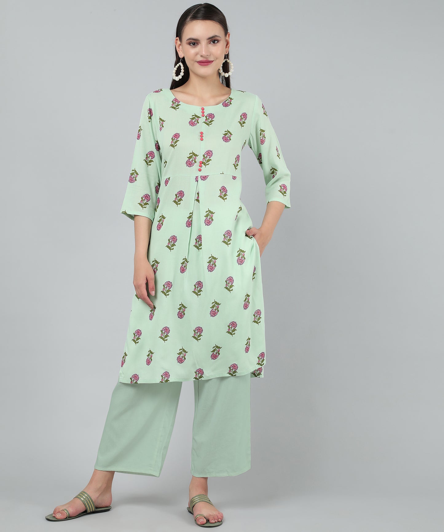 Floral Printed Rayon Cotton Kurti Knee Length With Center Pleat Stylish Design , Green