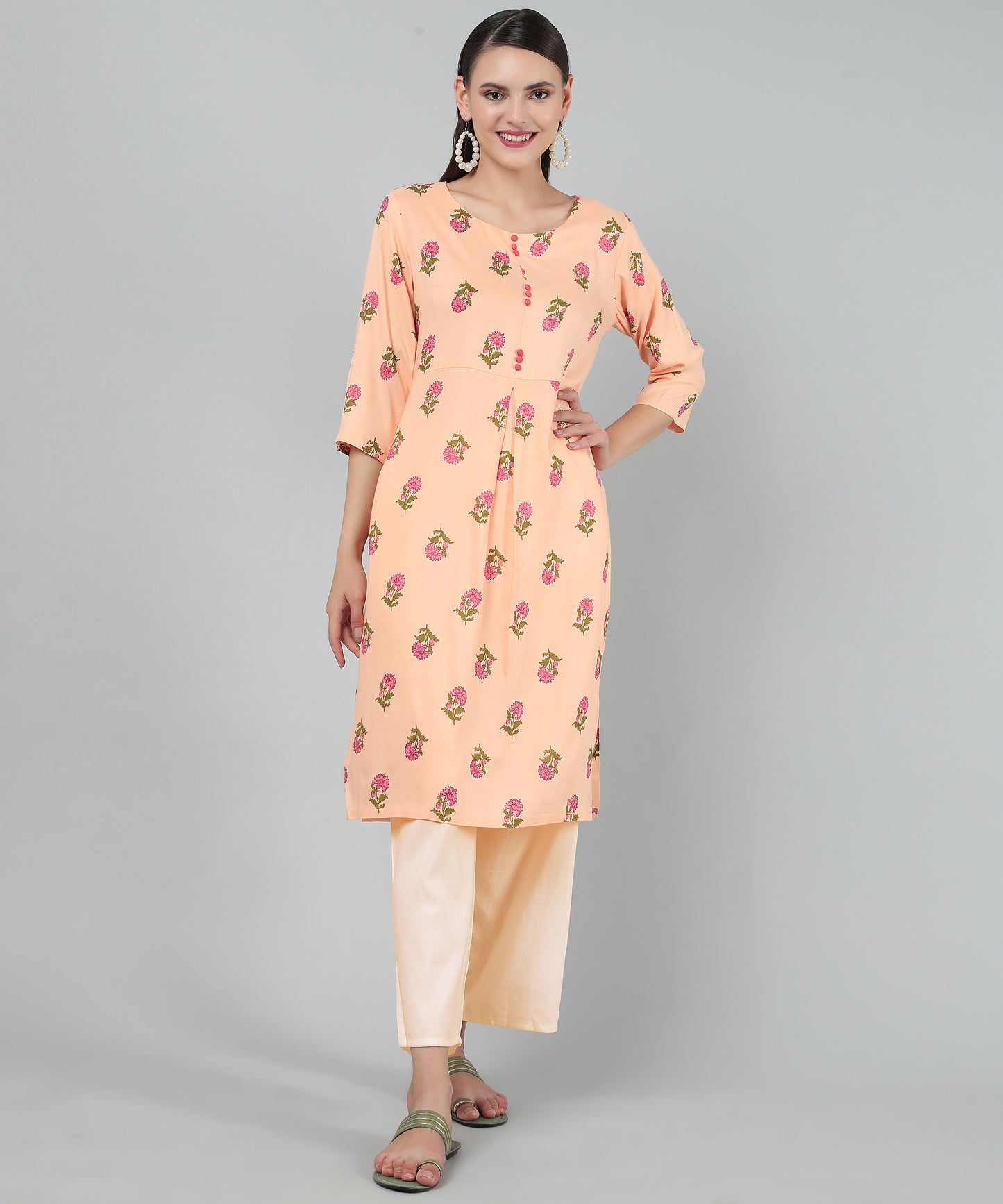 Floral Printed Rayon Cotton Kurti Knee Length With Center Pleat Stylish Design