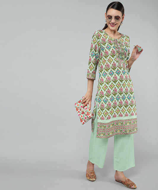 Pritned Rayon Cotton Kurti with Keyhole Neck Tassels and Drawstring,Green