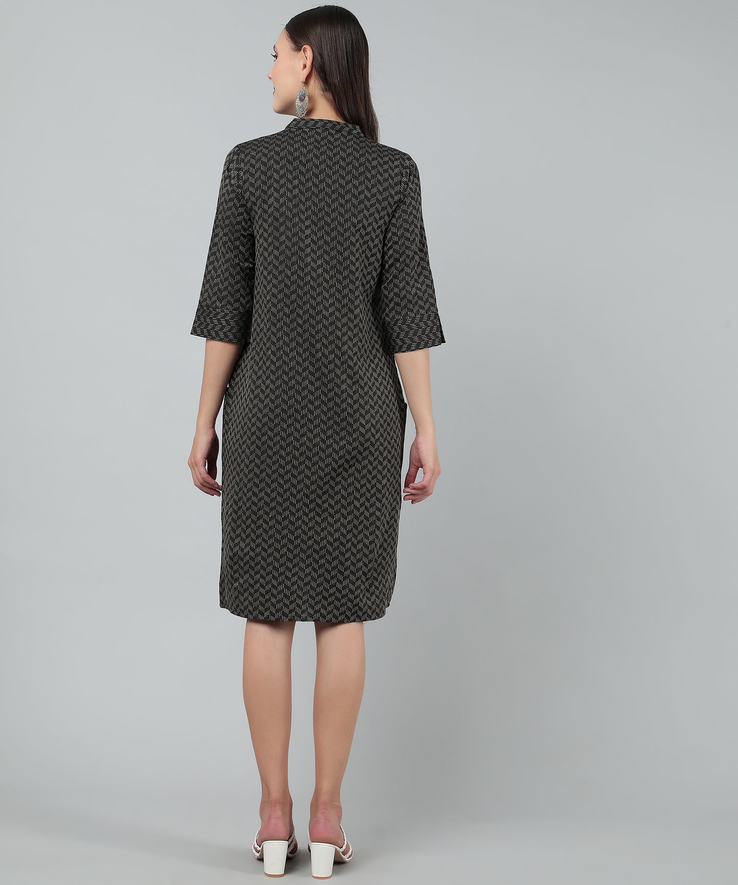 Self Weaved A-line Dress for Women Open Button Design,Black