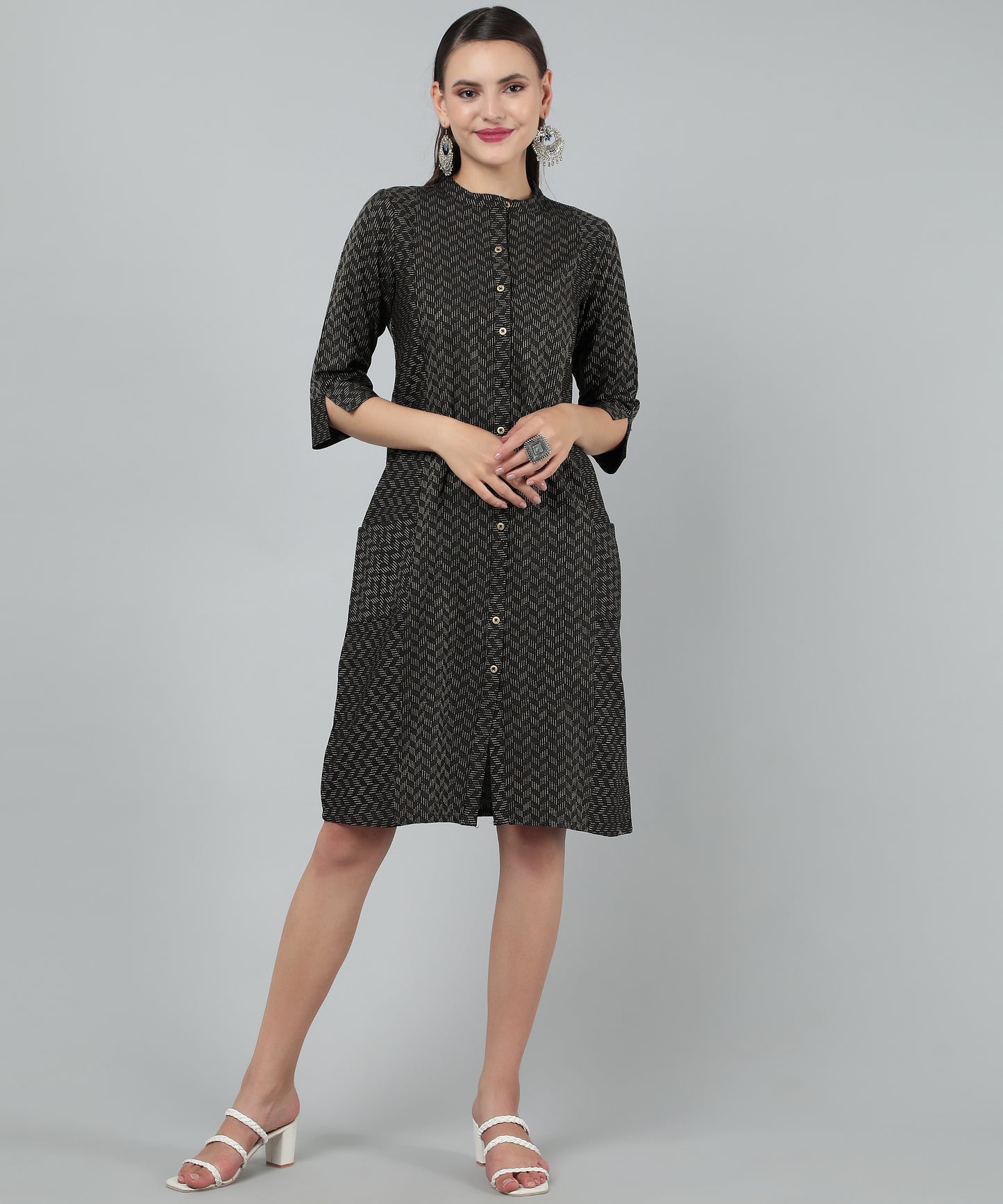 Self Weaved A-line Dress for Women Open Button Design,Black