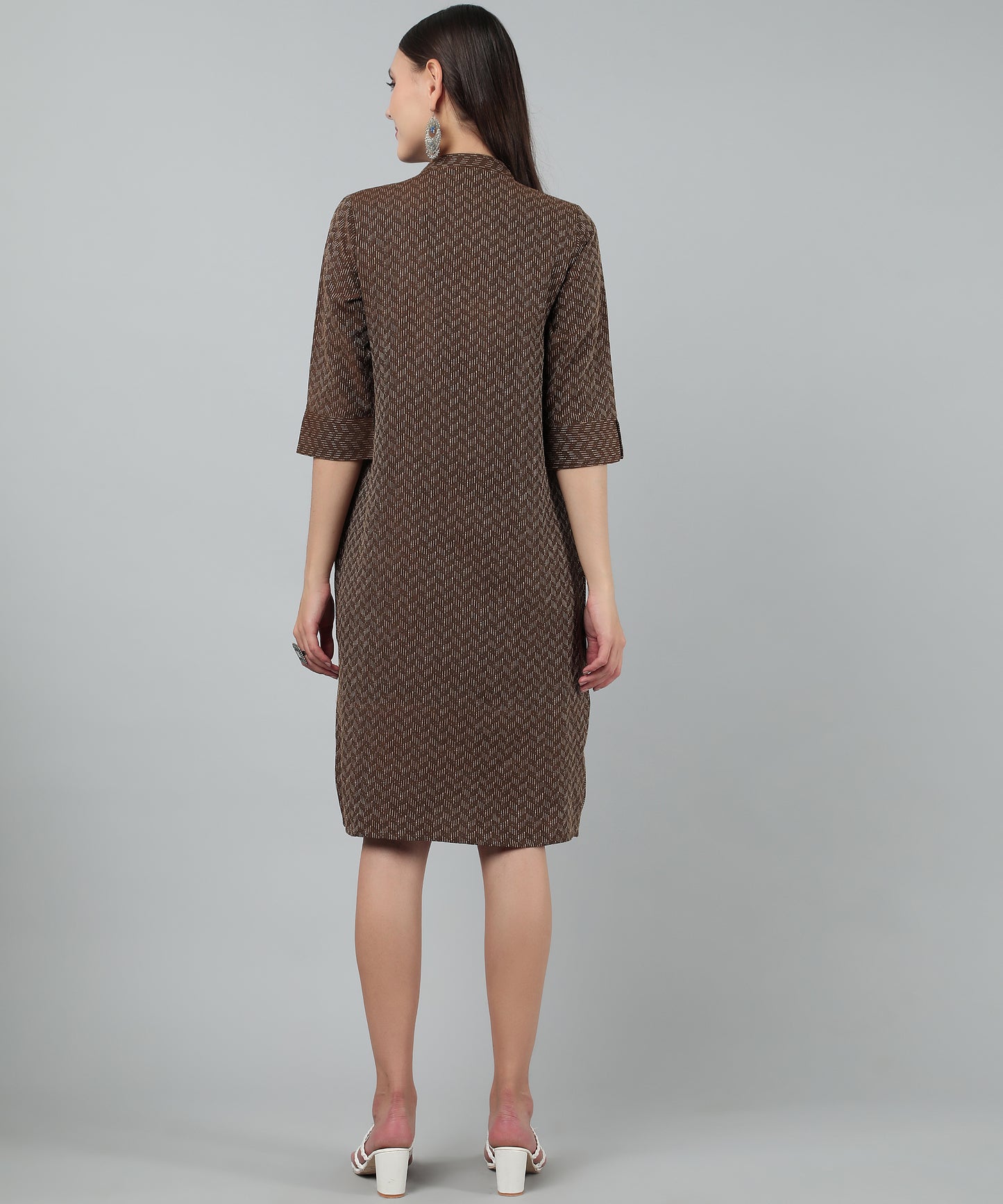 Self Weaved A-line Dress for Women Open Button Design, Brown