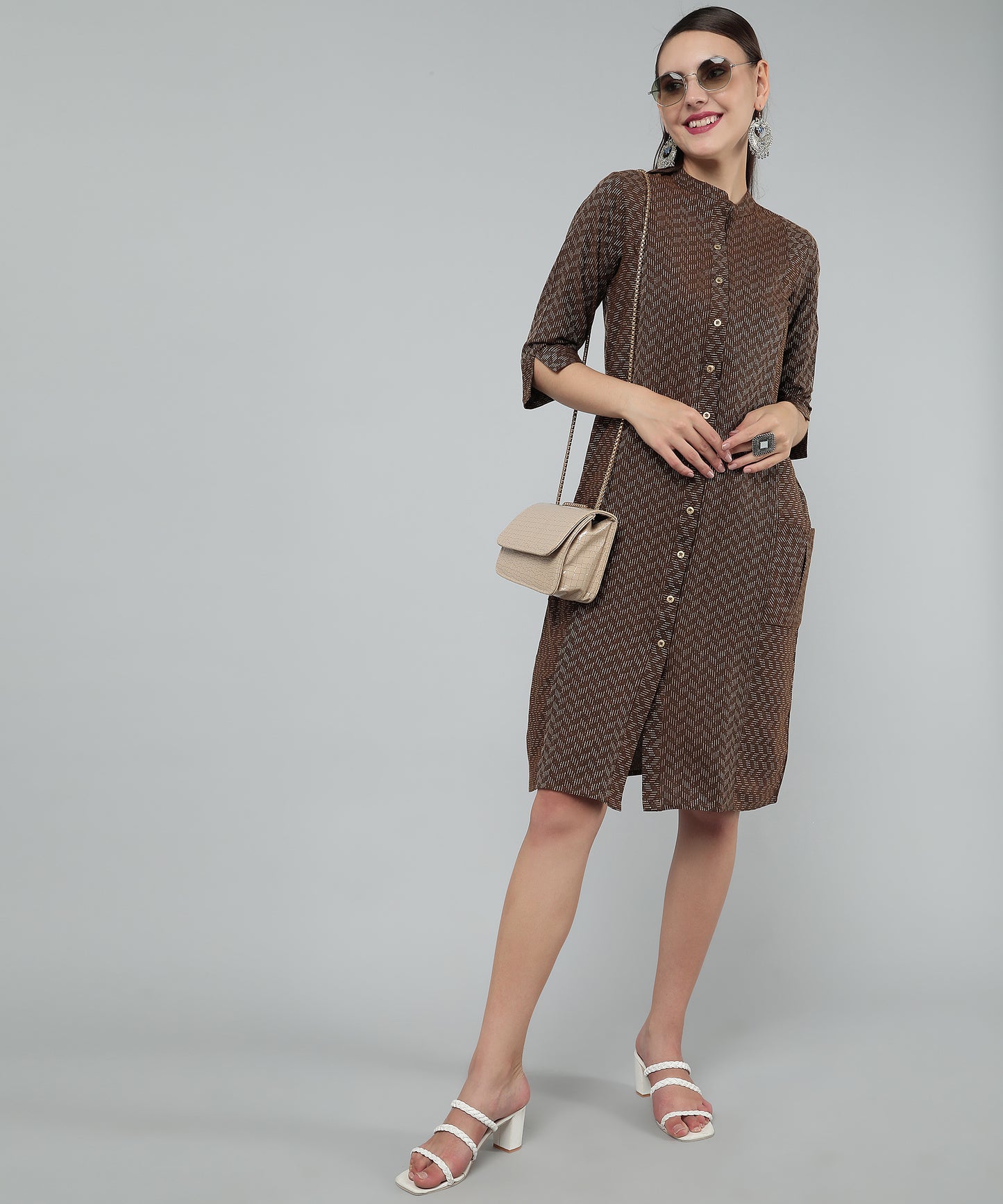 Self Weaved A-line Dress for Women Open Button Design, Brown
