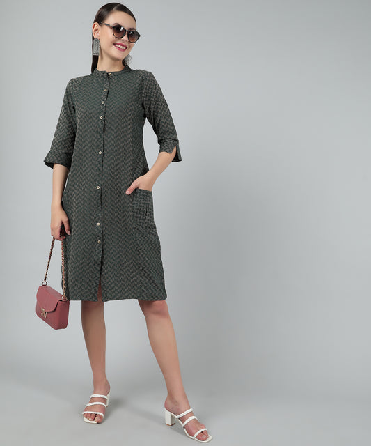 Self Weaved A-line Dress for Women Open Button Design,Green