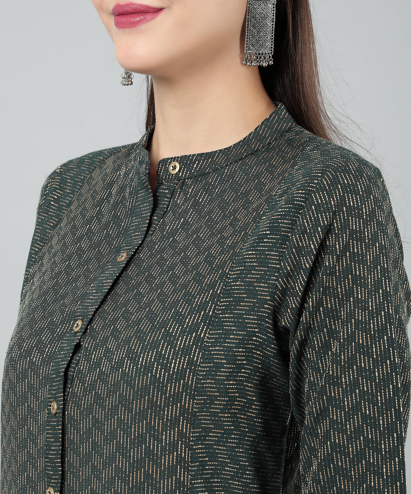 Self Weaved A-line Dress for Women Open Button Design,Green