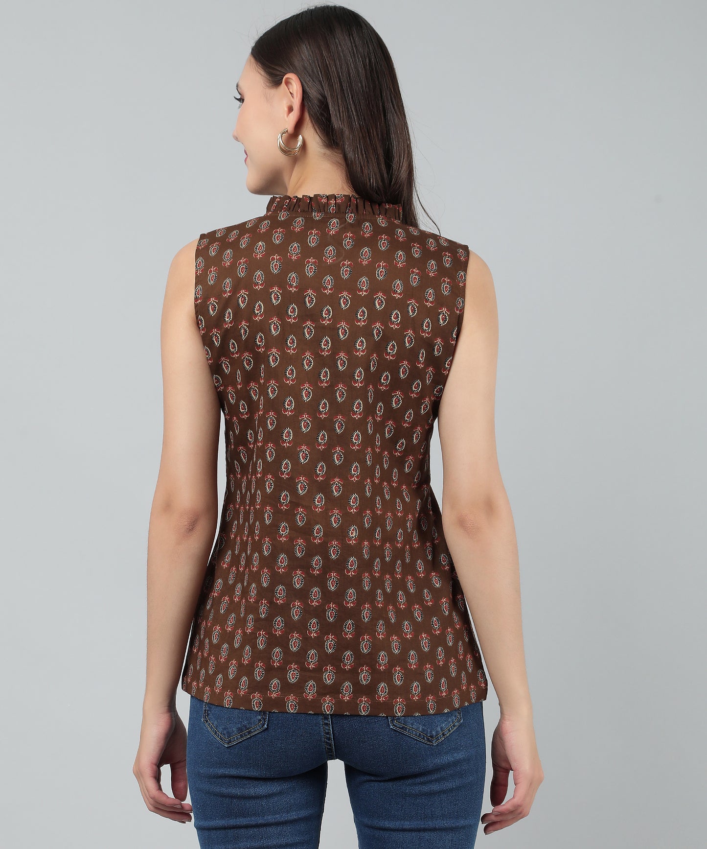 Cotton Printed Top Sleeveless Regular Fit Office Wear Casual Wear Top,Brown