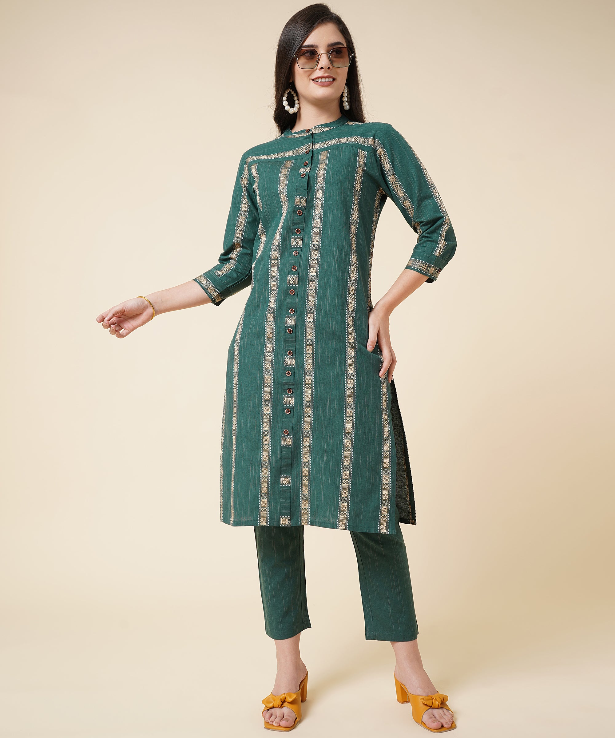 Gold intricate ogee pattern & stone & beads embroideried full-hand kurta  with contrast patiala-style pants