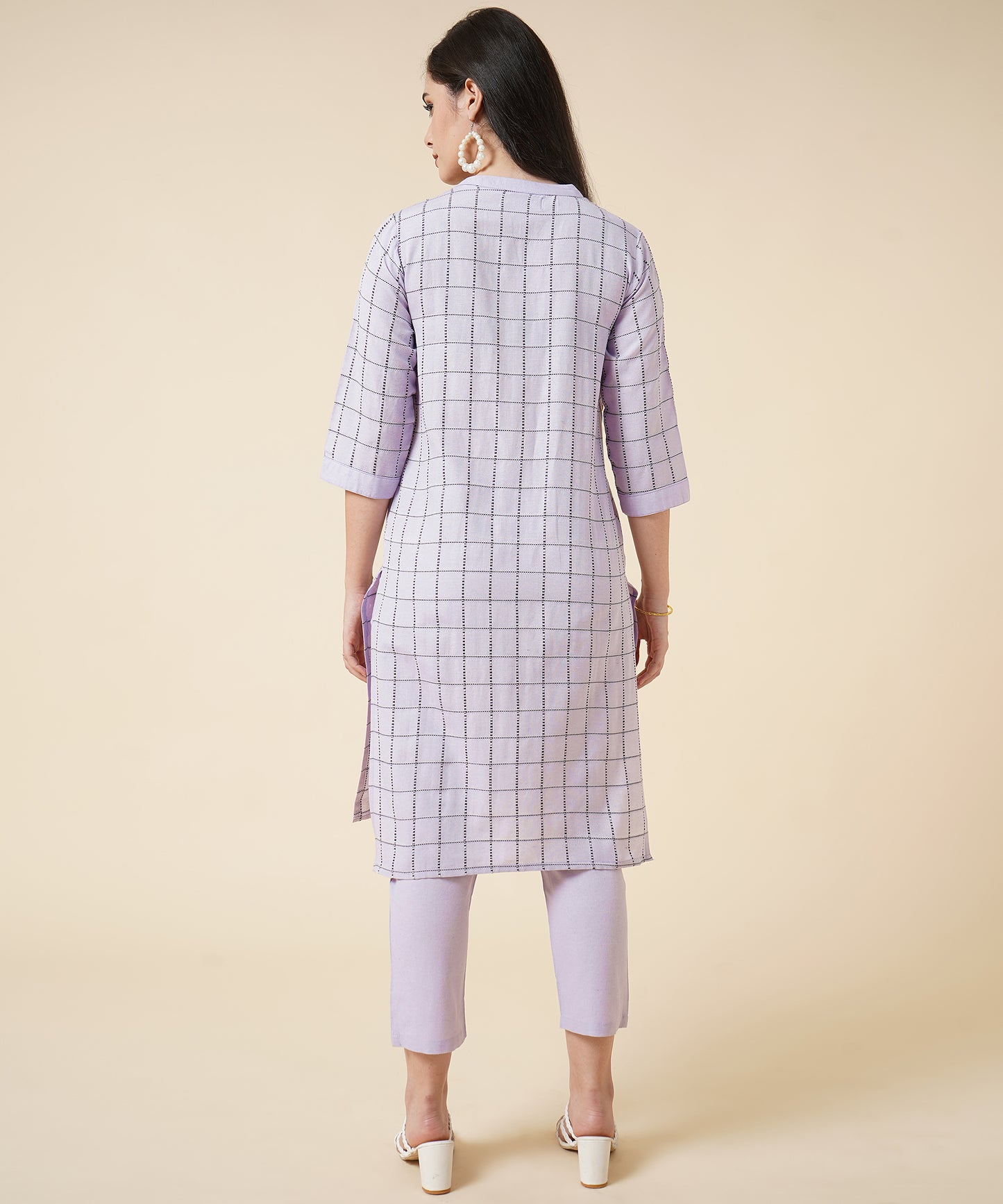 Cotton Kurta Set With Pants Check Design Pattern, Lavender
