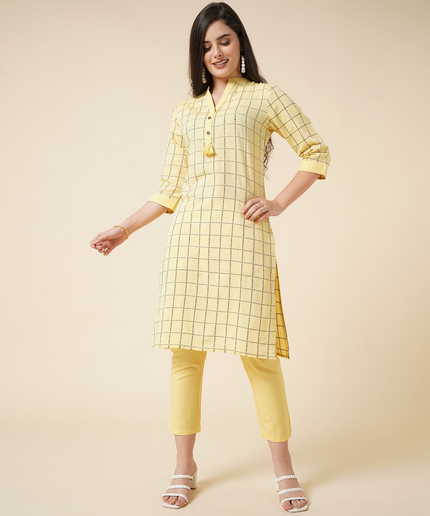 Cotton Kurta Set With Pants Check Design Pattern, Yellow