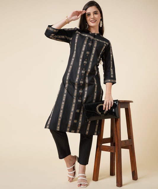 Cotton Kurta Set With Pants Striped Design Pattern,Black