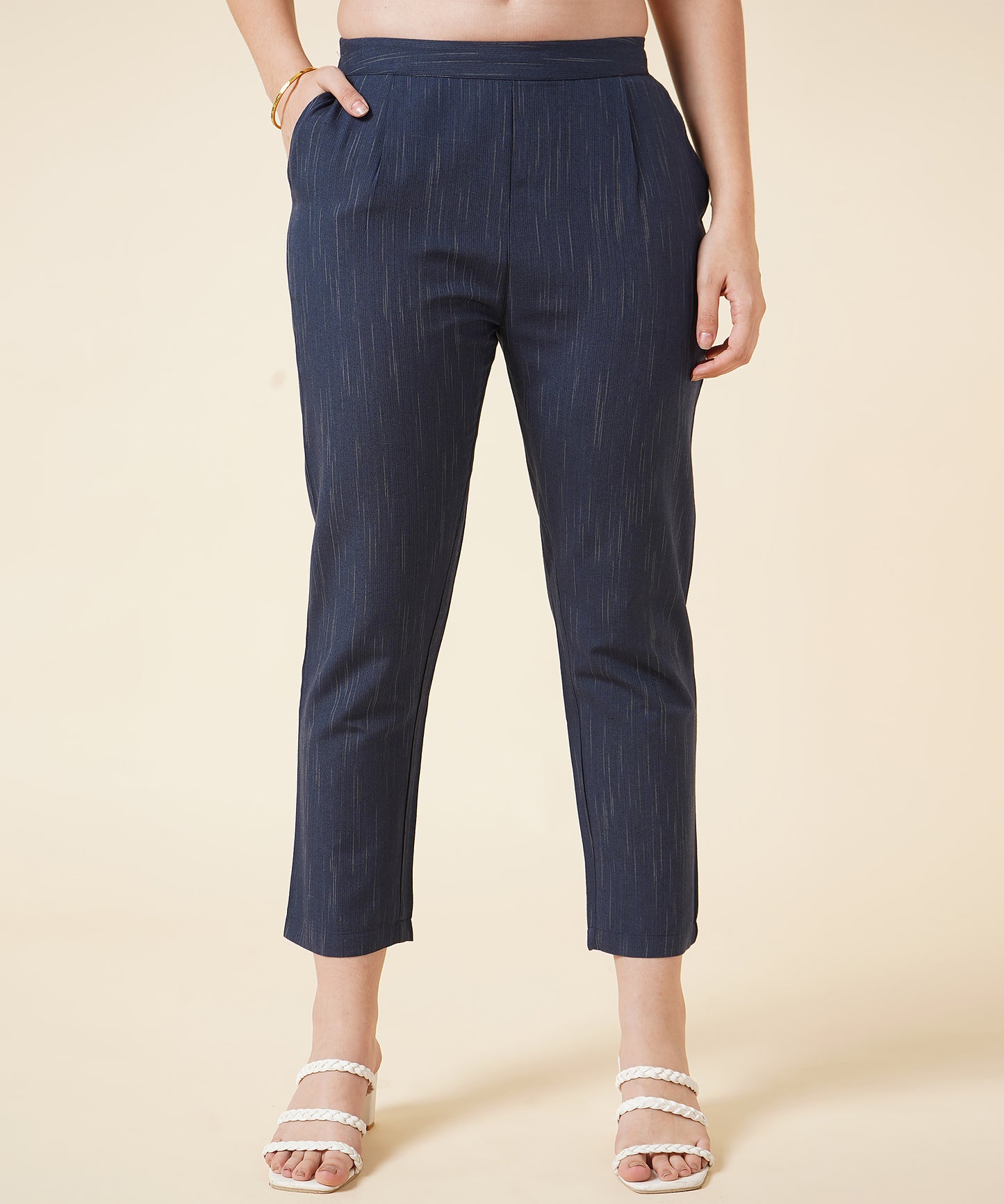 Cotton Kurta Set With Pants Striped Design Pattern, Navy Blue