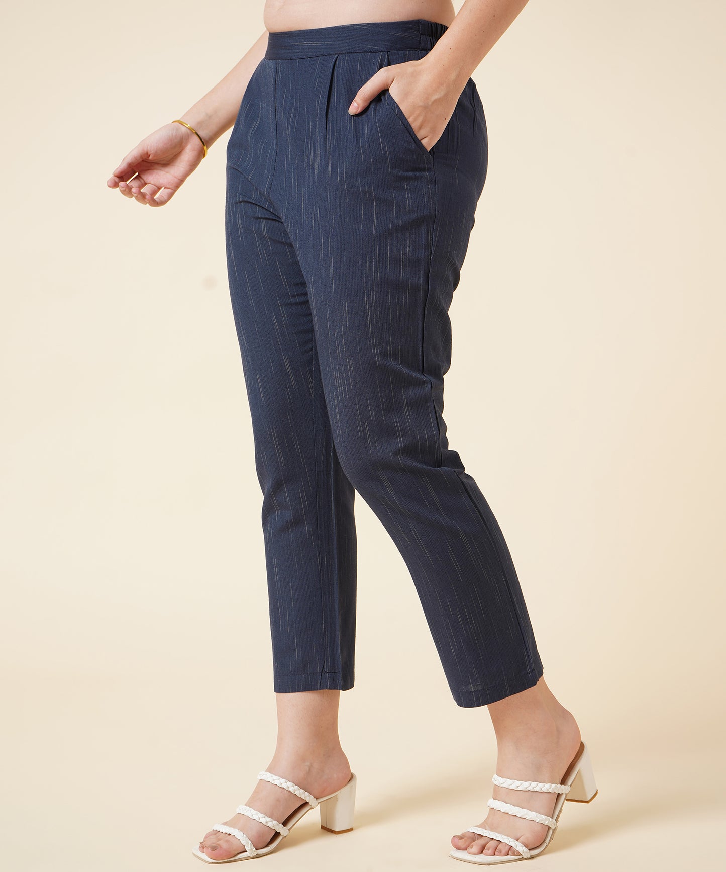 Cotton Kurta Set With Pants Striped Design Pattern, Navy Blue