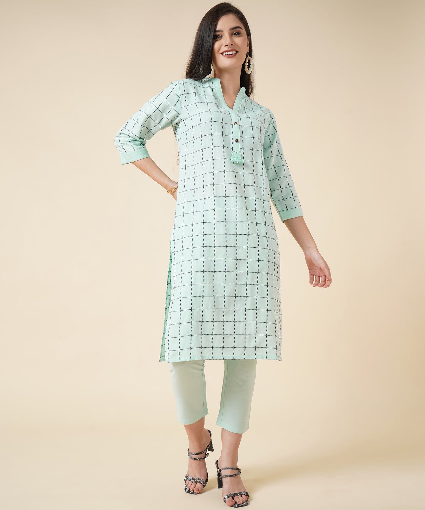 Ethnic Kurta Set With Pants, Check Design Pattern, Blue