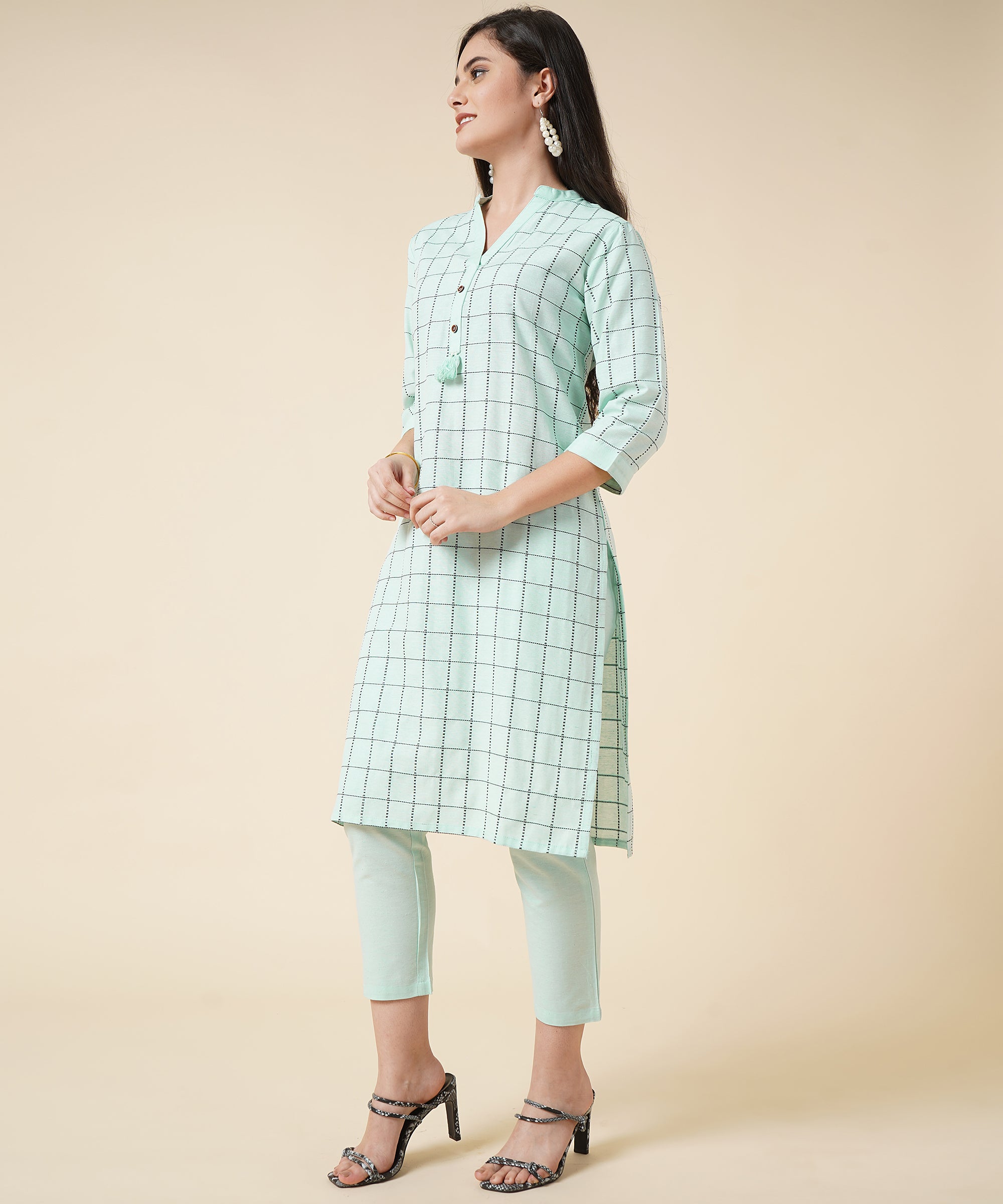 Cotton Kurta Set With Pants Check Design Pattern Yellow  Anushil