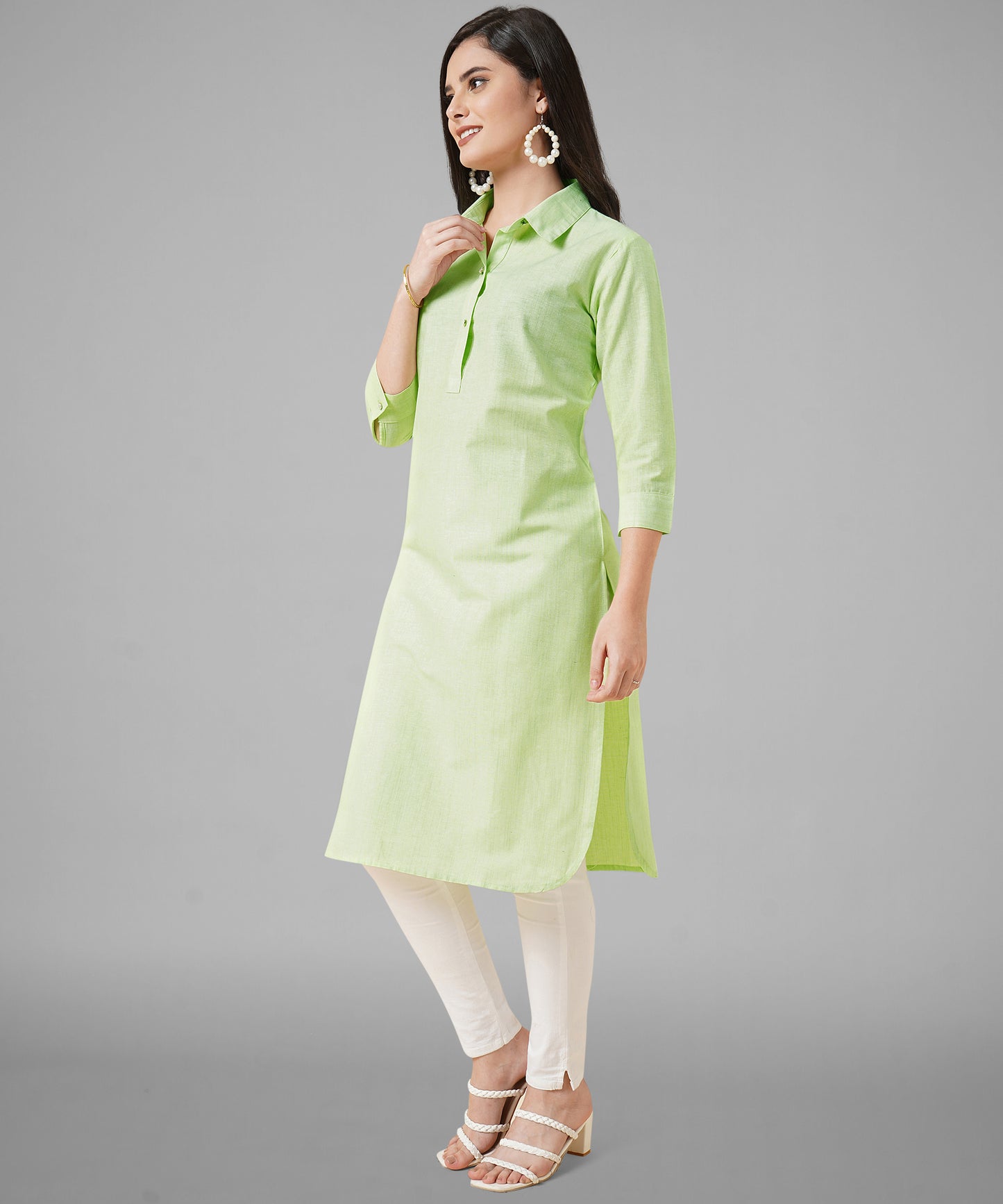 Cotton Kurta For Women Collar Design Pattern with Button Style, Green