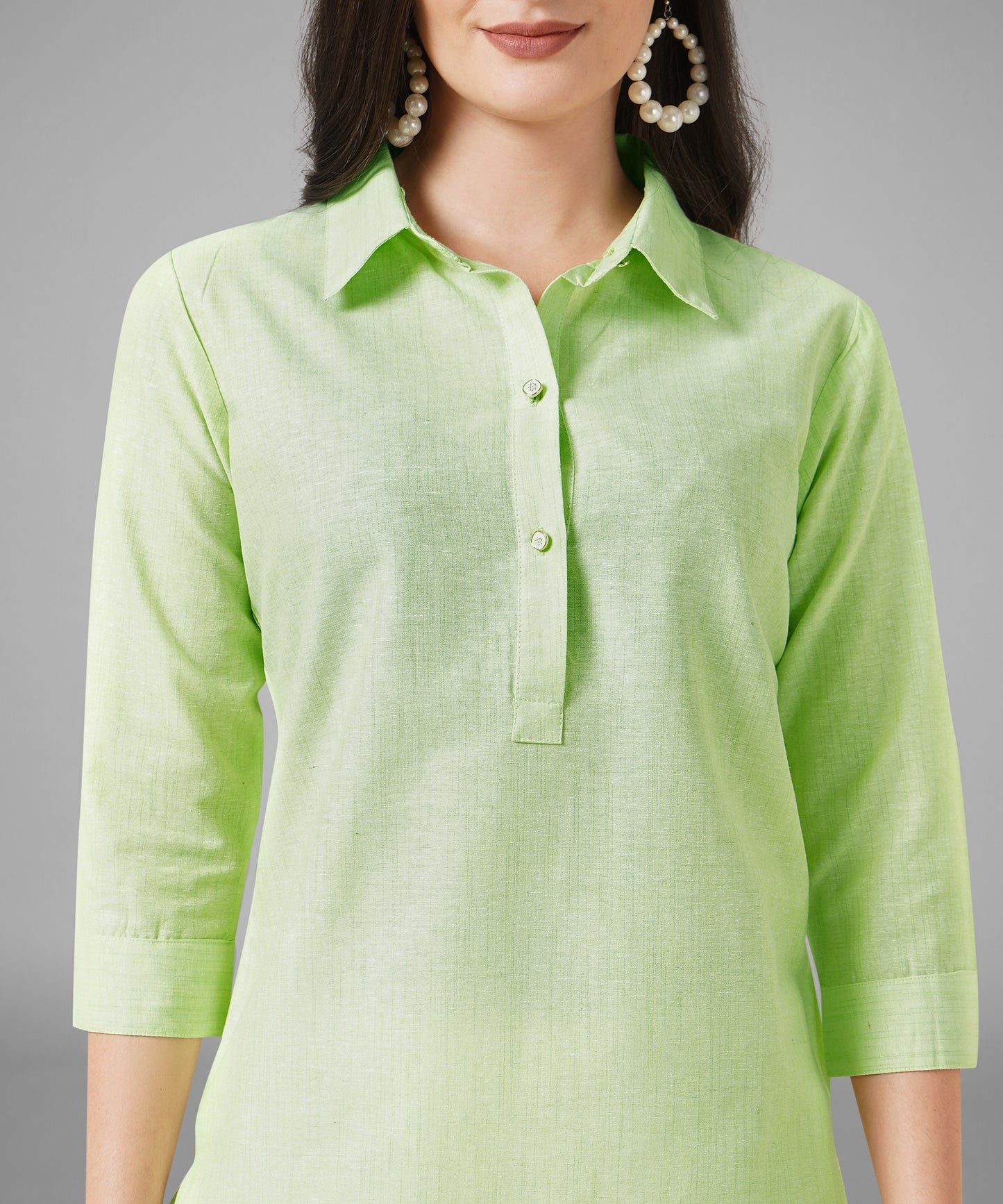 Cotton Kurta For Women Collar Design Pattern with Button Style, Green