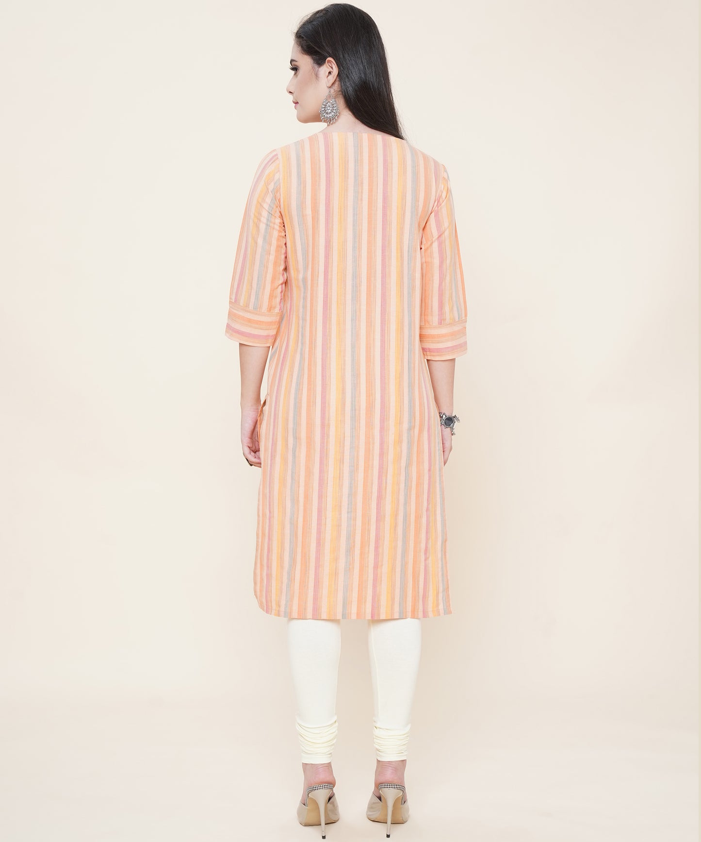 Women Cotton Multicolour Strip Pattern Round Neck Style with Buttons 3/4th Sleeves (Color:-Orange)