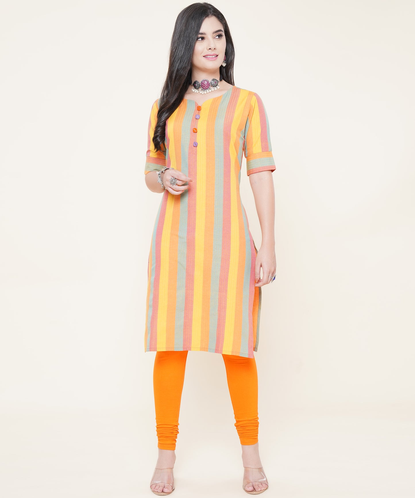Cotton Self Weaved Multi Colour Striped Kurta Design, Yellow