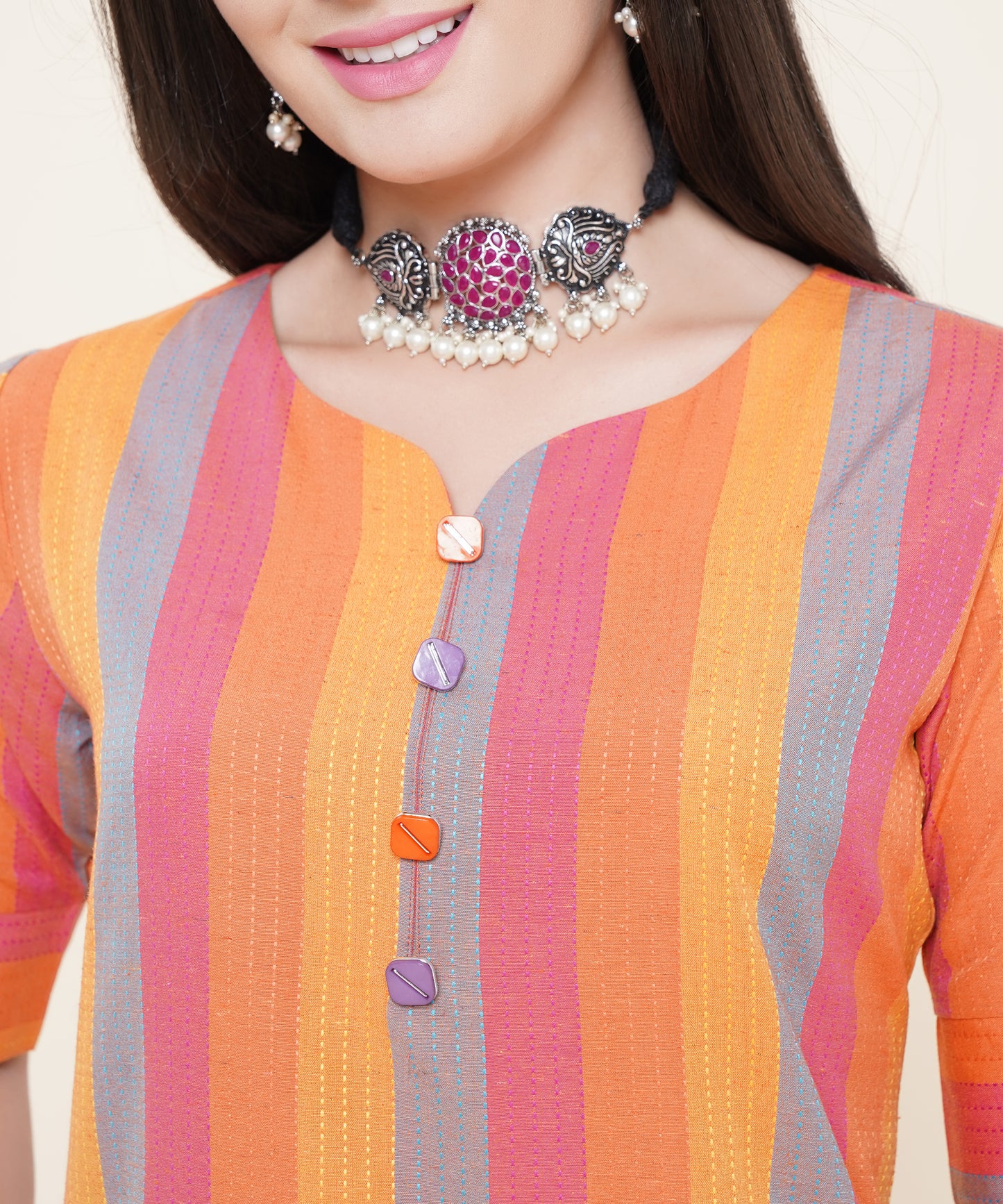 Cotton Self Weaved Multi Colour Striped Kurta, Orange