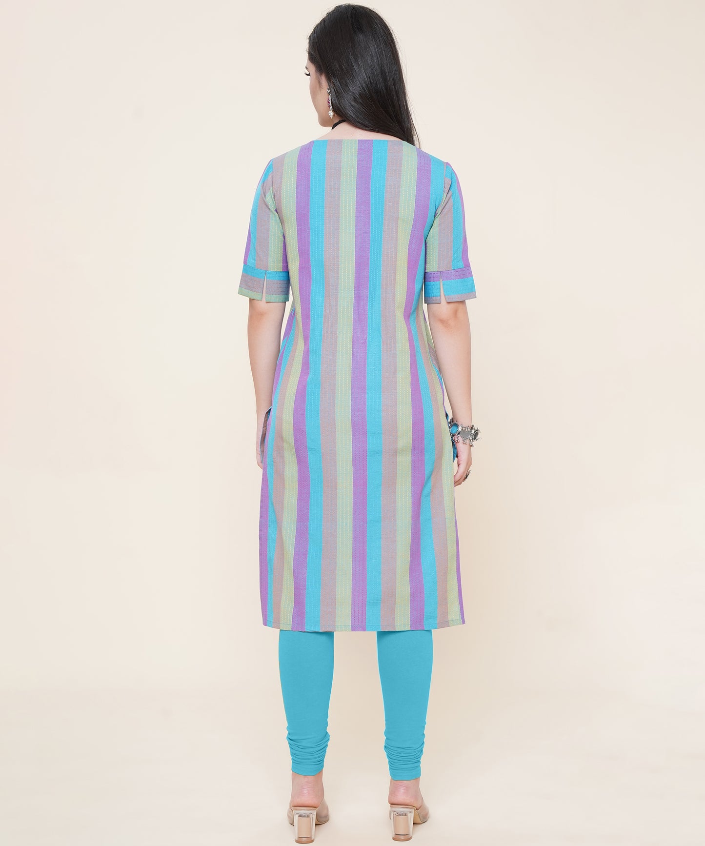 Cotton Self Weaved Multi Colour Striped Kurta, Blue