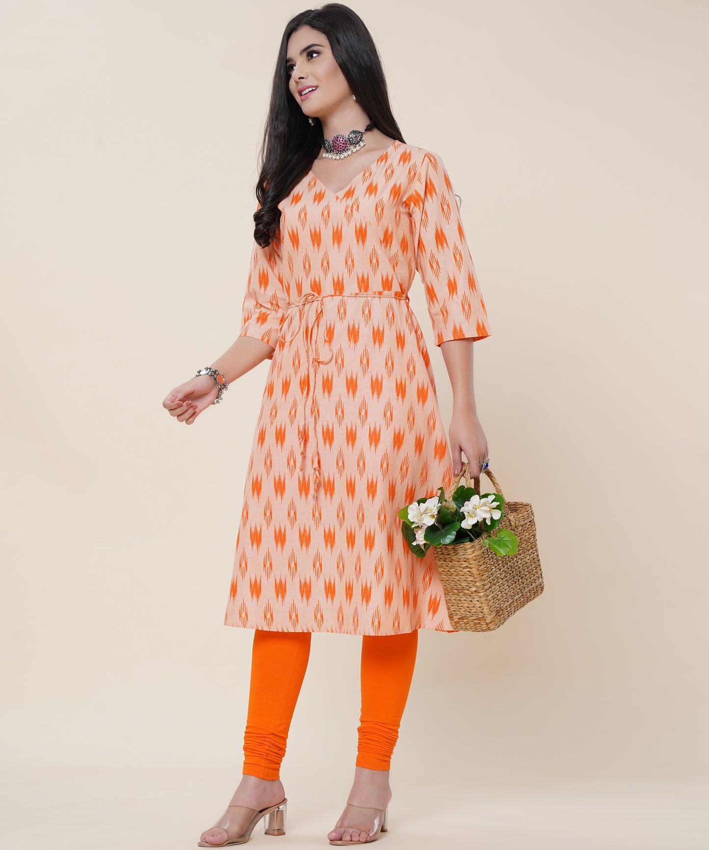 Cotton Printed Angrakha Style Kurta Design , Orange
