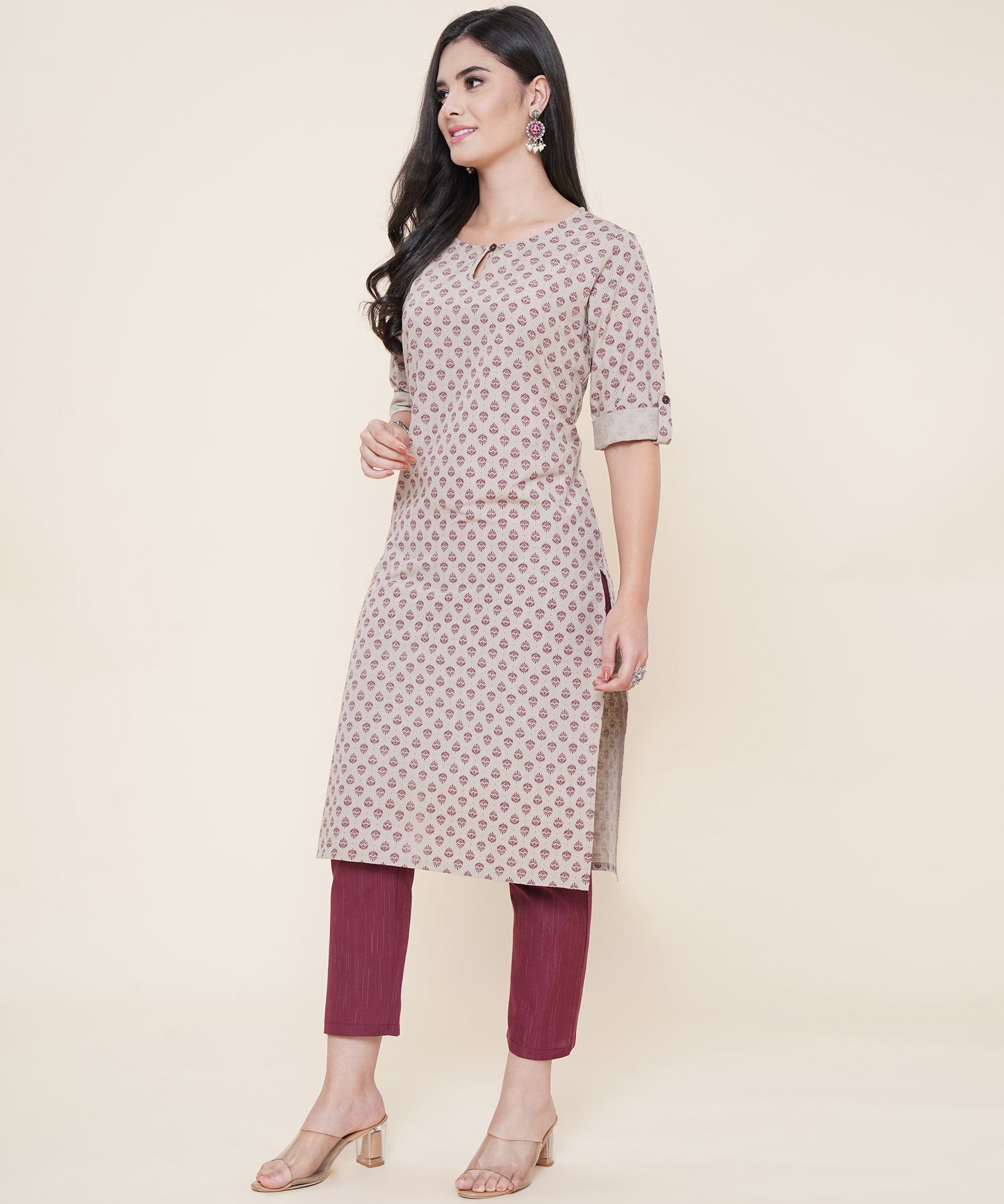 Cotton Printed Kurta Design with Tap Sleeve Button Style, Brown