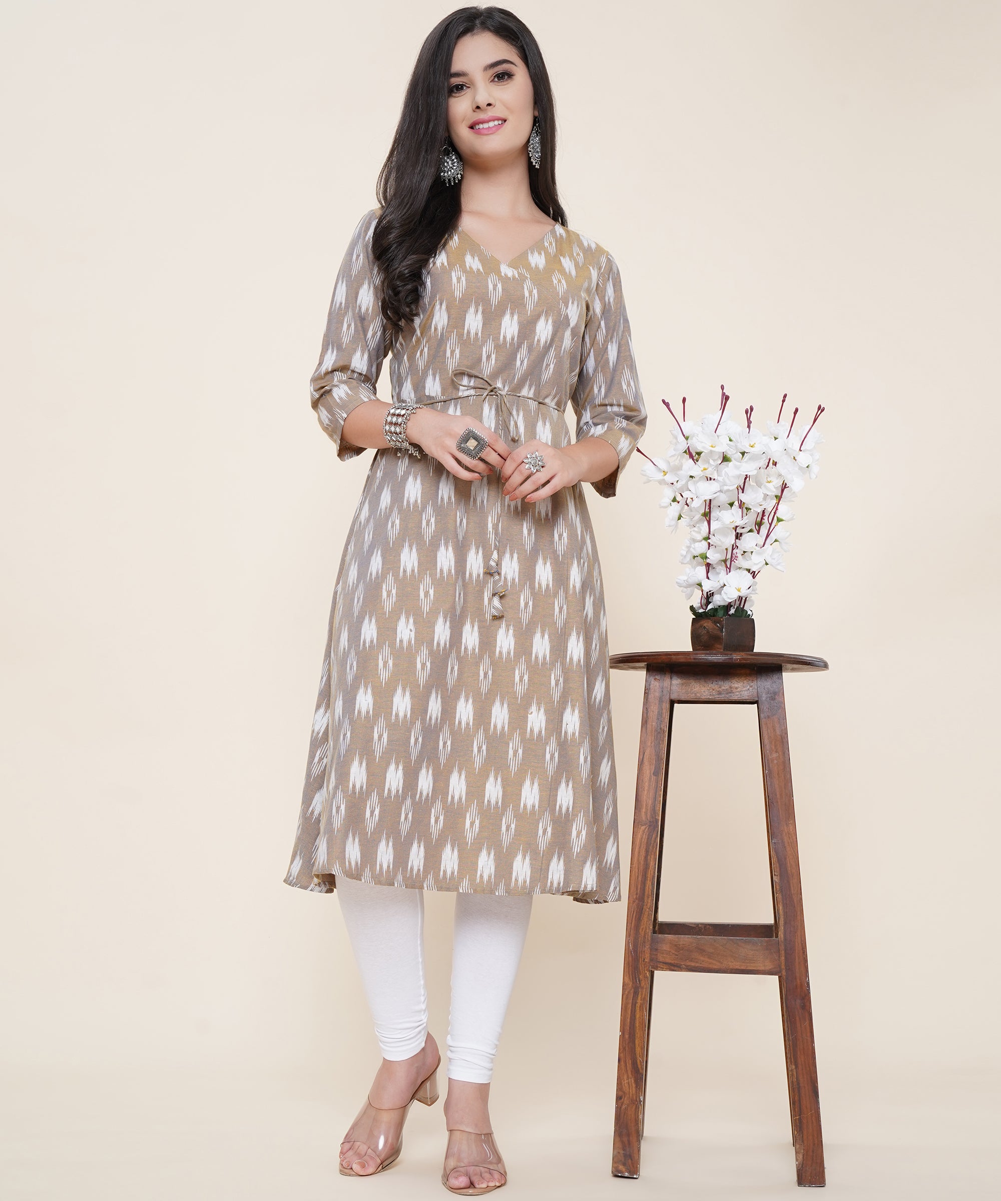 Cotton Printed Angrakha Style Kurta Design Grey