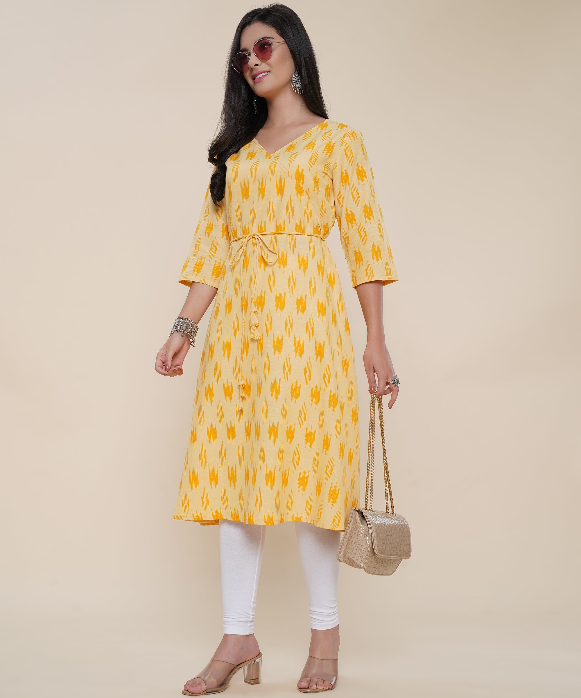Cotton Printed Angrakha Style Kurta Design, Yellow – Anushil
