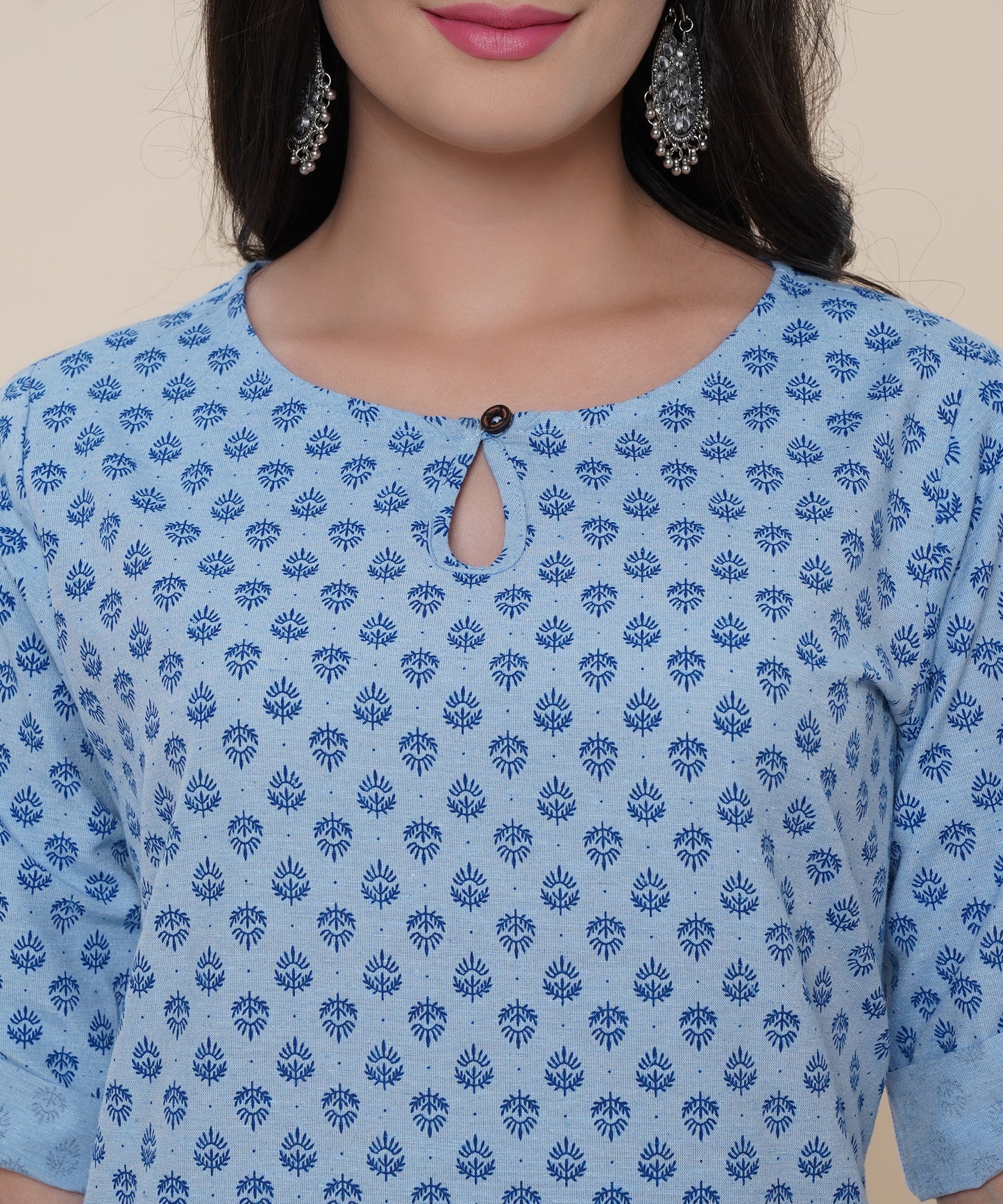 Cotton Printed Kurta Design with Tap Sleeve Button Style, Blue