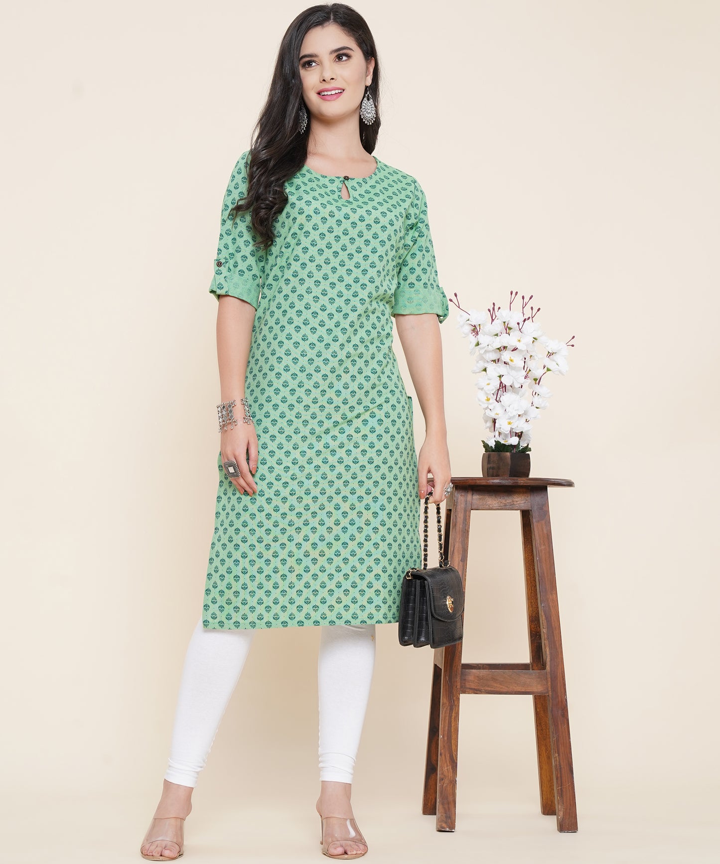 Cotton Printed Kurta Design with Tap Sleeve Button Style, Green
